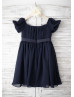 Navy Blue Chiffon Puff Sleeves Knee Length Flower Girl Dress